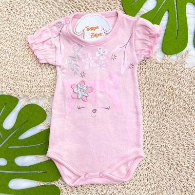 Kit 3 Peças - Bodys Manga Curta Cachorrinha com Flores - Rosa, Off White e Rose